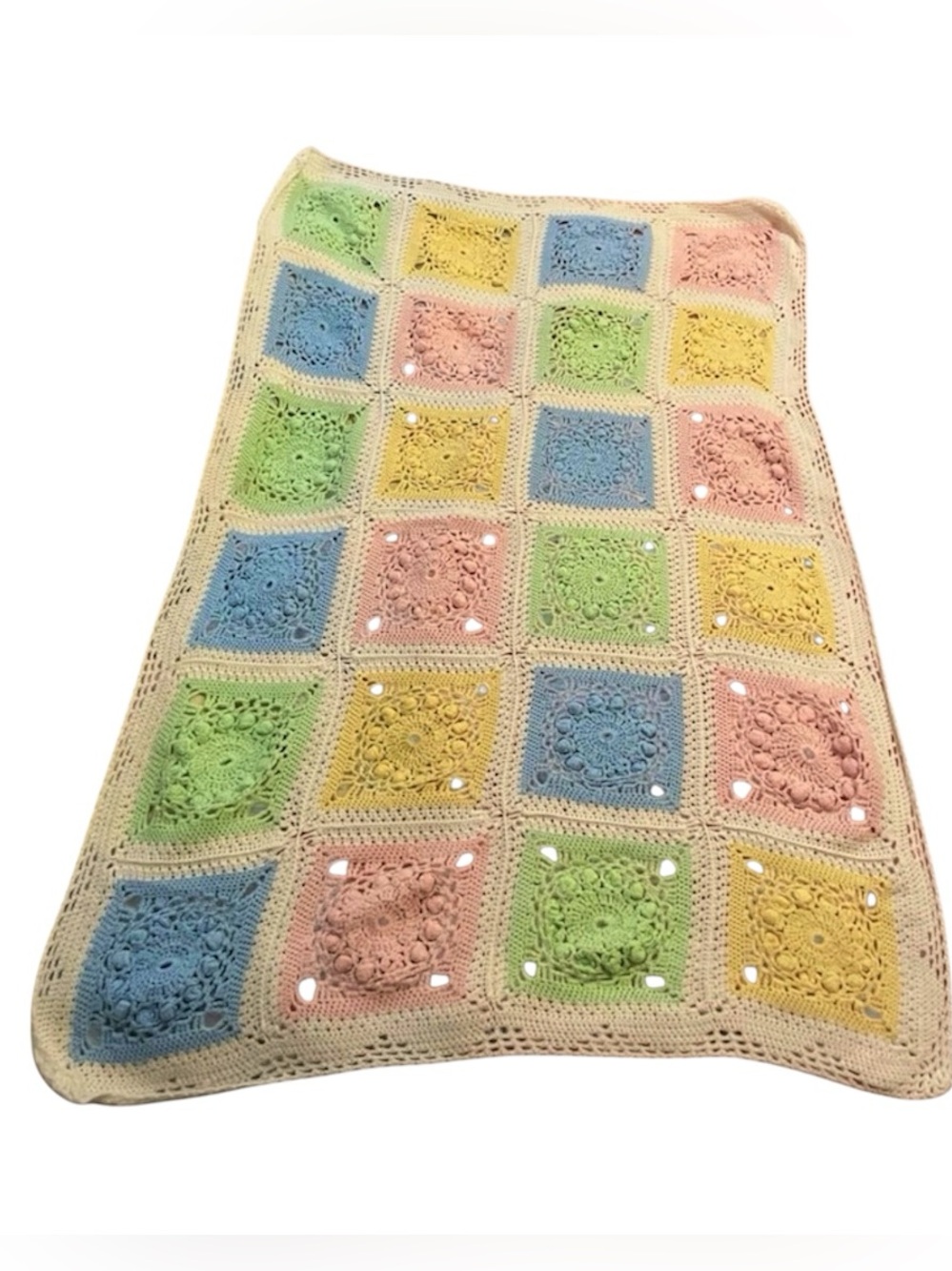 Unisex Handmade Crochet Pastel Fine Detailed Square Baby Blanket. See descr.NWT!
